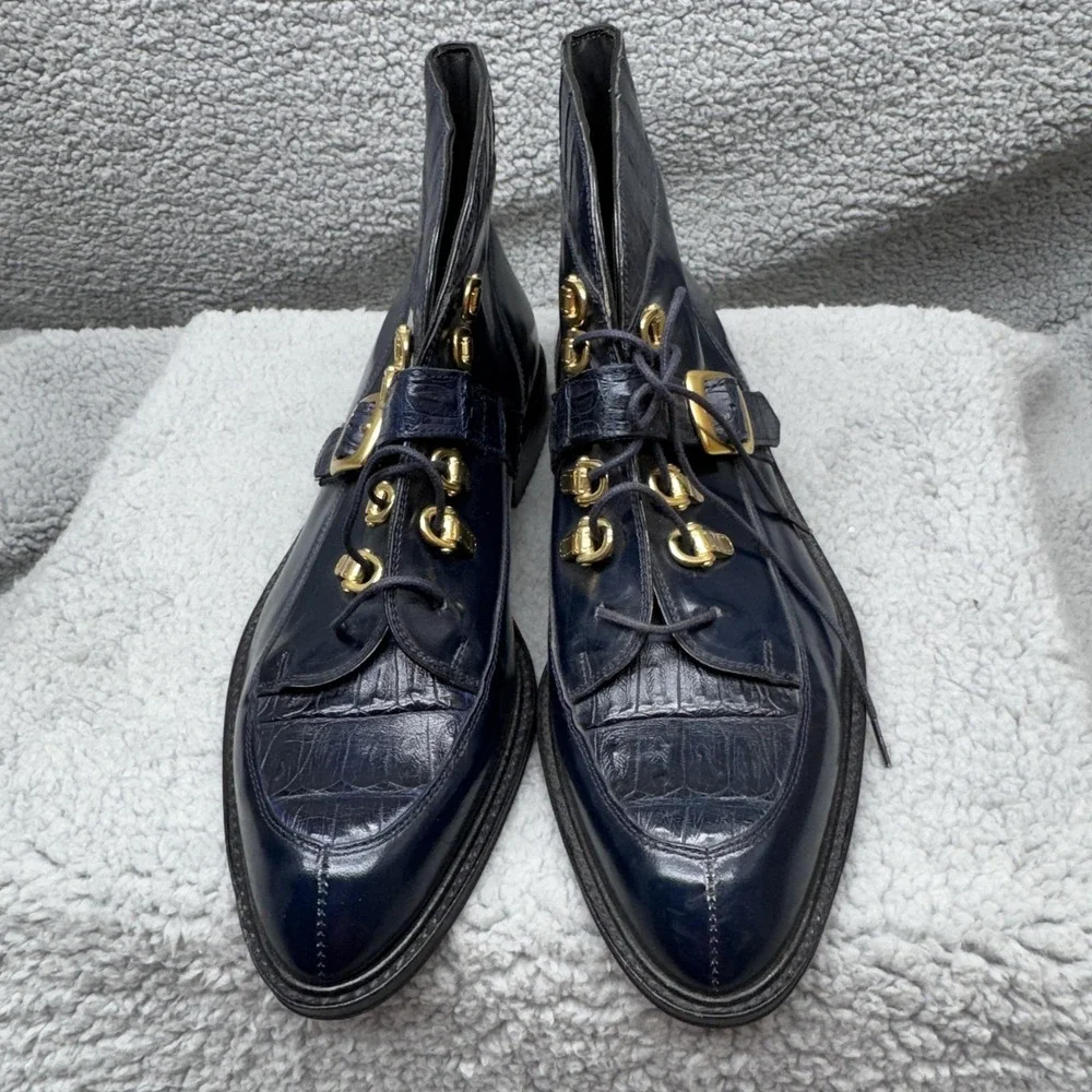 David Eden Alba Boots Mens Size 8.5 Blue Crocodile‎ Buckle Strap Chukka Italy